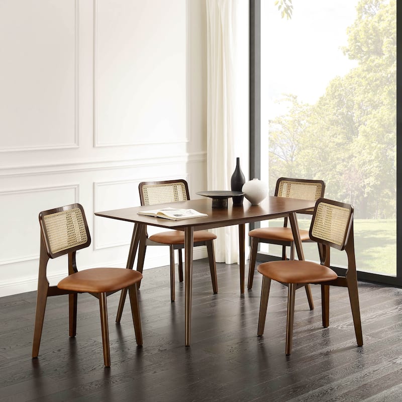 Art Leon Genuine Leahter and Cane Dining Chairs (Set of 4) - Brown and Brown