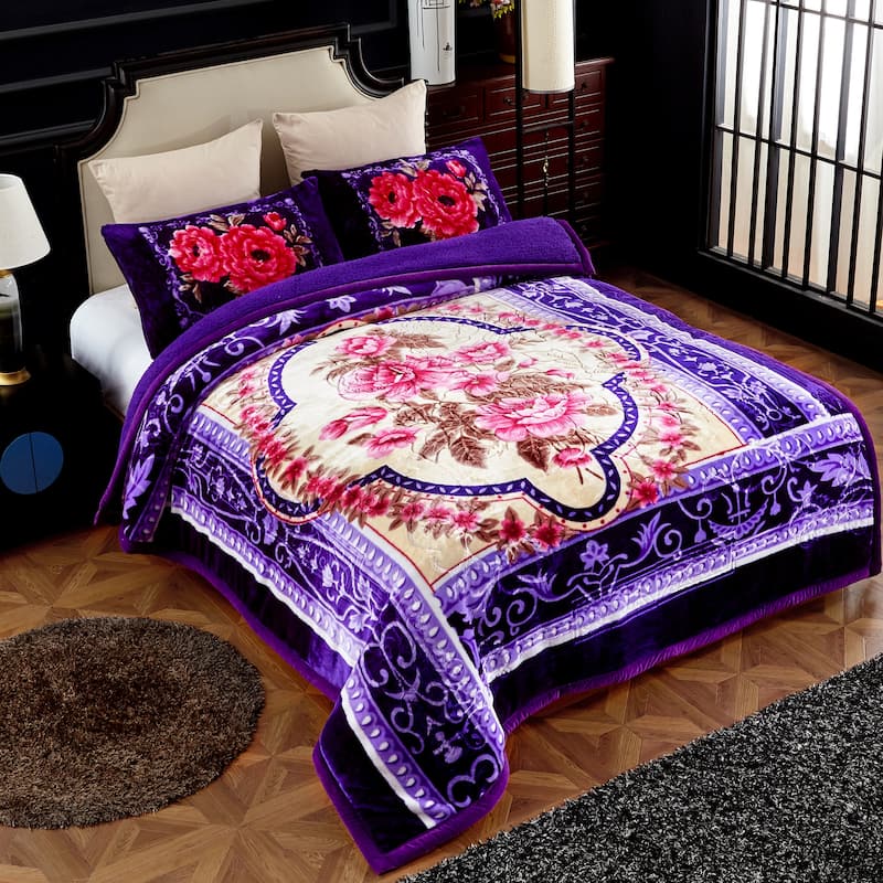 Ultra Plush Printed 3-piece Sherpa Borrego Comforter Set - Purple