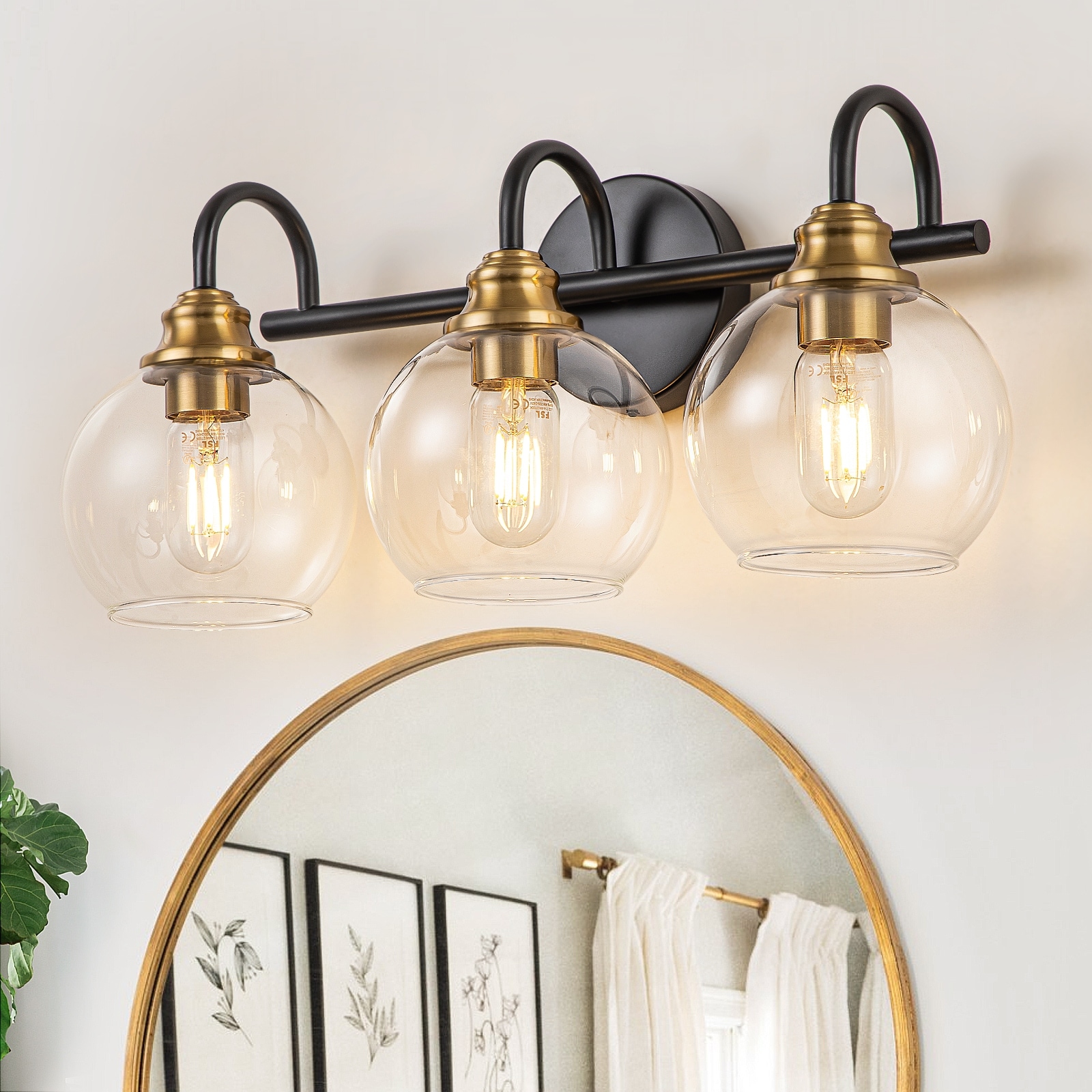 3-Light Black Gold Bathroom Vanity Light Glass Wall Sconces - L24"*W9.8 ...