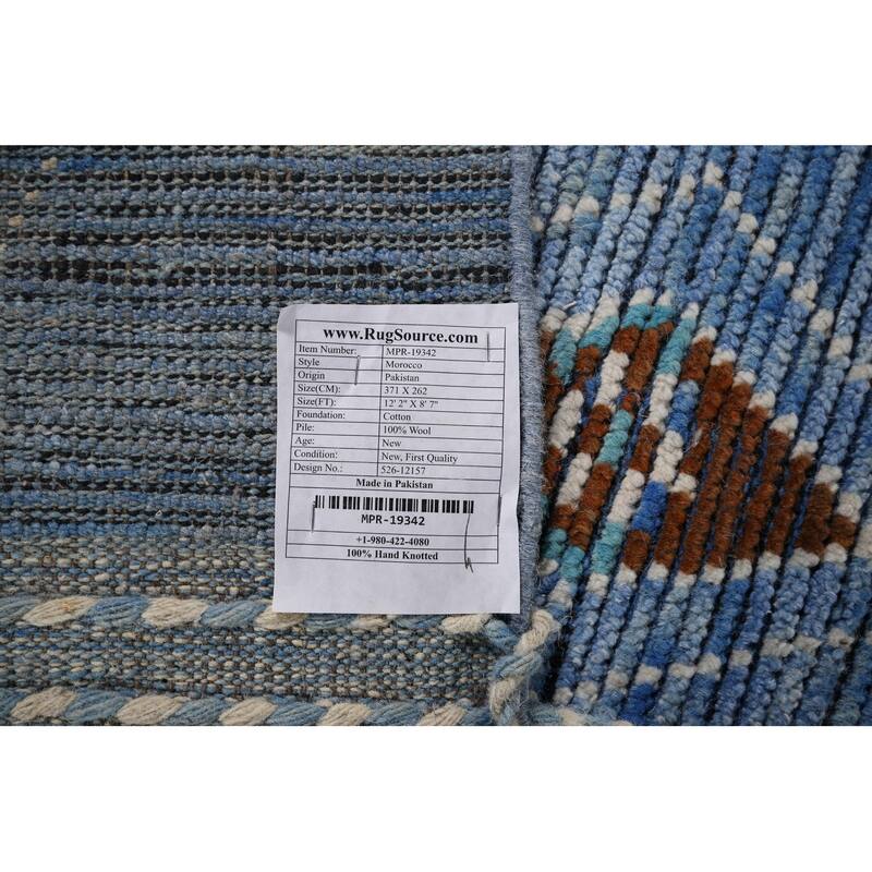 Blue Geometric Moroccan Area Rug Hand-Knotted Wool Carpet - 8'7"x 12'2"