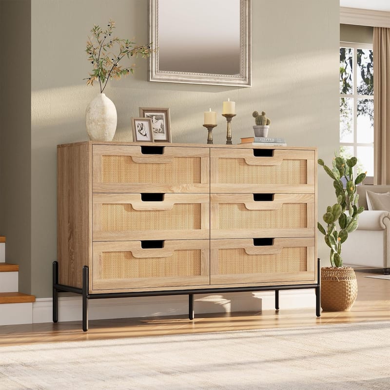 Natural Rattan 6 Drawer Dresser Boho Dresser with Chest of Drawers Modern Storage Cabinet - Natural - 6-drawer