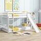 preview thumbnail 27 of 31, Twin Over Twin Low Pine Wood Bunk Bed with Guardrails, Slide and Ladder for Kids, No Slats Toddler Floor Bed with Fence and Door