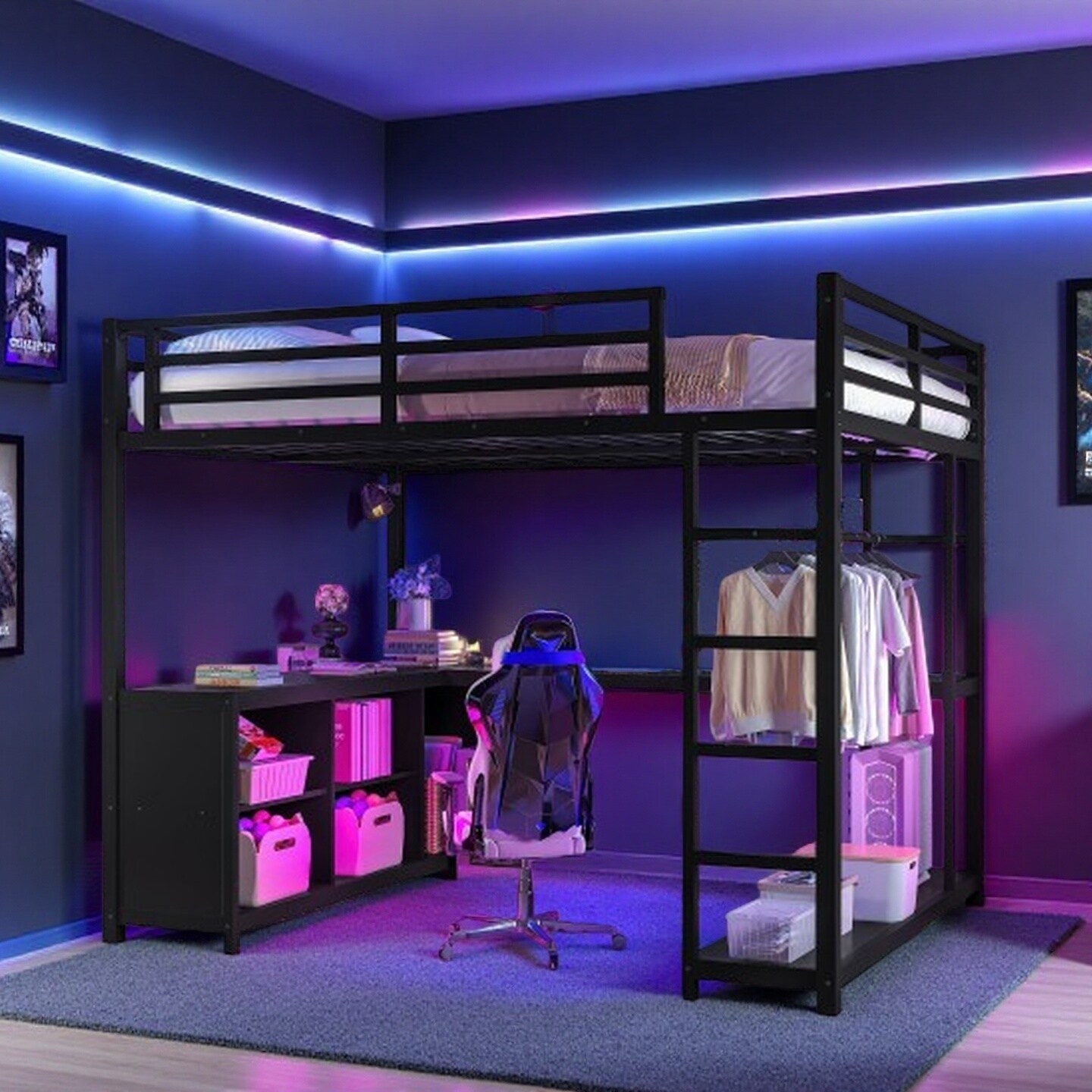Full Size Metal Loft Bed with L-Shaped Desk, Wardrobe, and Storage Cubes