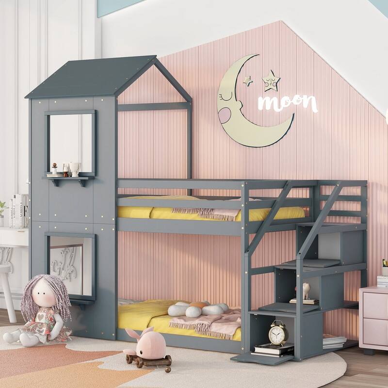 Twin Over Twin House Bunk Bed with Stairs, Solid Wood Low Bunk Bed ...