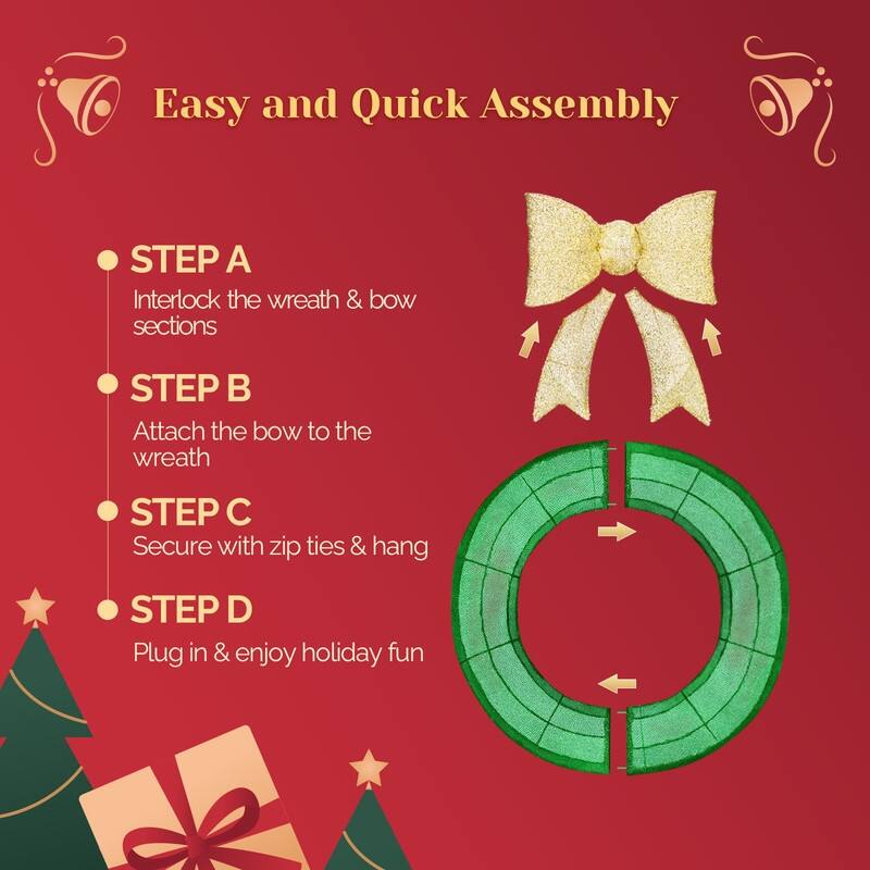 24in Pre-lit Christmas Wreath Decoration, Lighted Metal Wreath,Green and Warm White LED Lights, for Indoor Outdoor Holiday Party