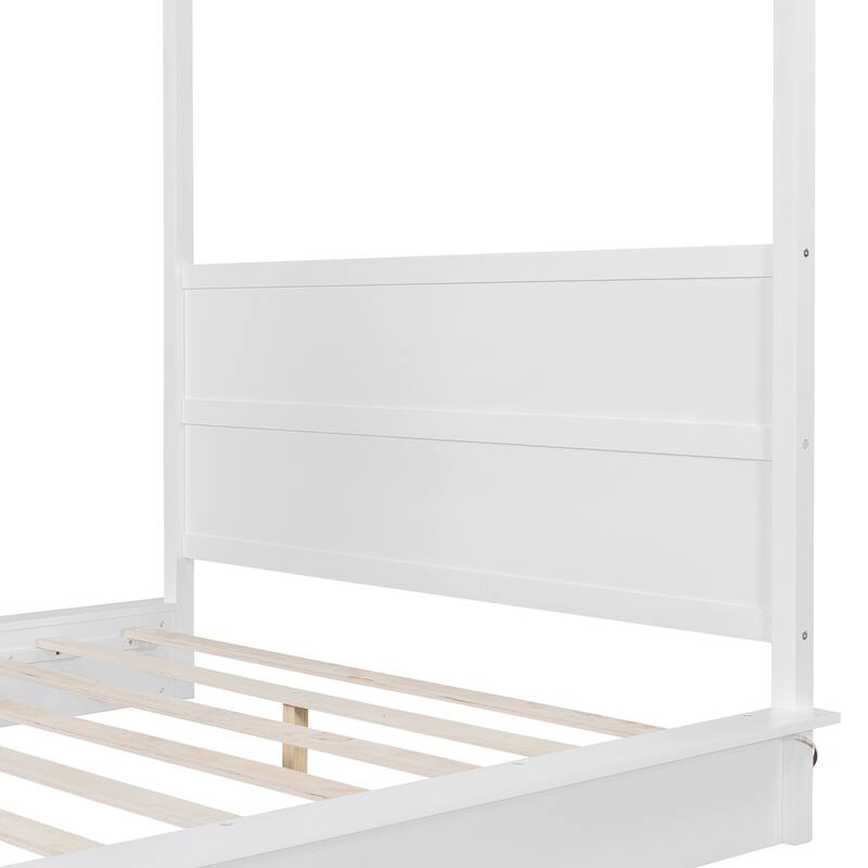 Queen Size Solid Wood LED Canopy Bed with 4-Post Frame and Headboard, Modern Floor Bed, Wooden Canopy Bed Frame for Bedroom