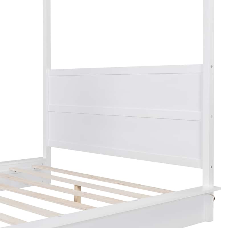 Queen Size Wood Led Canopy Bed ,Canopy Platform Bed With Support Slats, No Box Spring Needed