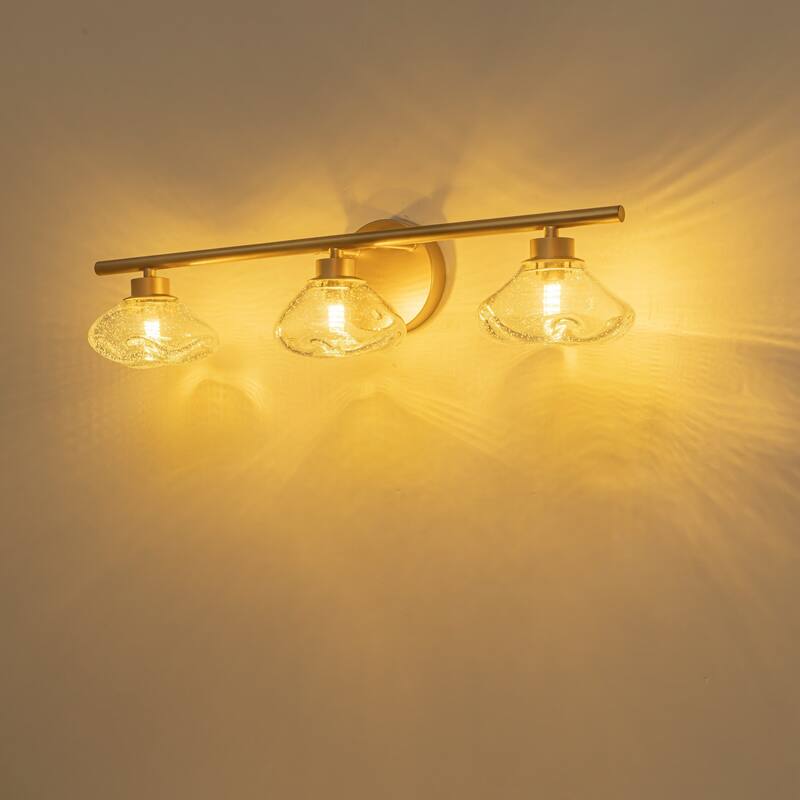 3-Light 24.4" Modern Black/Gold Bathroom Vanity Light with Stone-Shaped Seed Glass Shades
