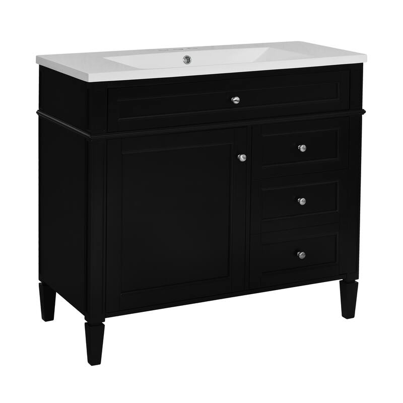Freestanding Bathroom Vanity & Wall Mounted Mirror Cabinet Set with Resin Sink, Open Shelves, Drawers and Adjustable Shelves