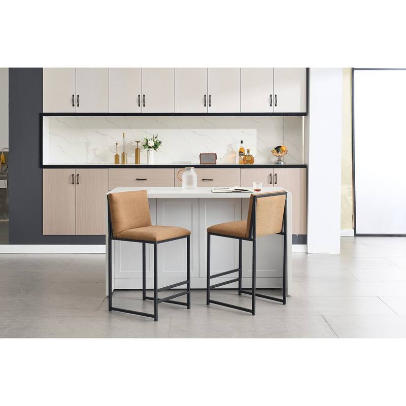 Set of 2 Counter Height Bar Stools, Coffee Brown Linen Upholstery with Metal Frame & Footrest