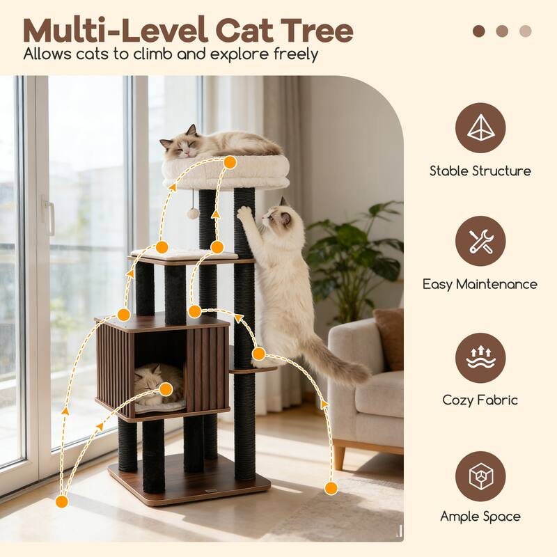 Gymax 53 5'' Tall Cat Tree for Indoor Cat Wooden Cat Tower Top Perch