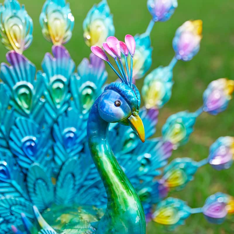 Glitzhome Metal Standing Peacock Garden Statue with Stakes for Indoor Outdoor
