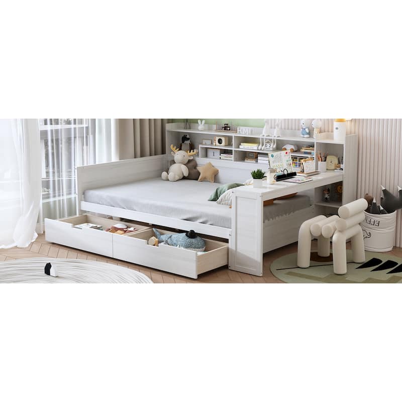 Antique White Full Size Wooden Daybed with Storage Shelves, Drawers & Study Desk