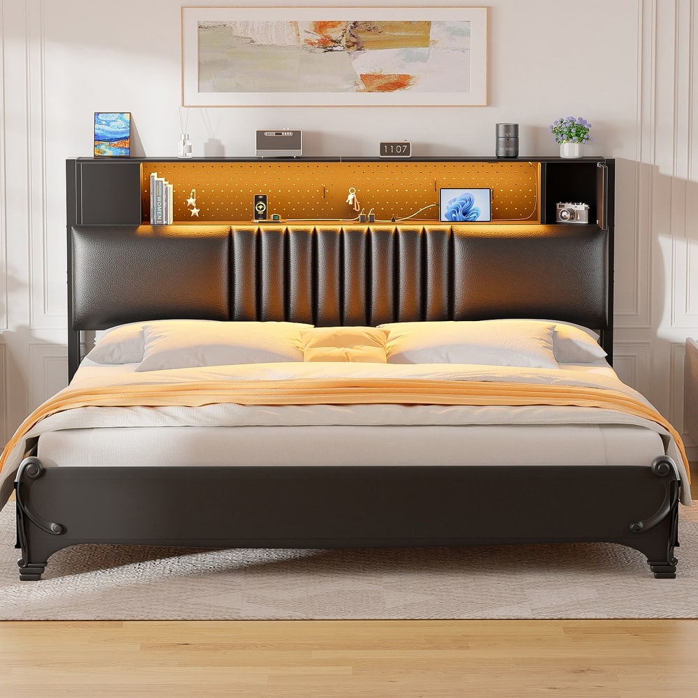 Upholstered Headboard with Storage Shelf and Small Cabinet, Headboard Power Outlet and LED Light
