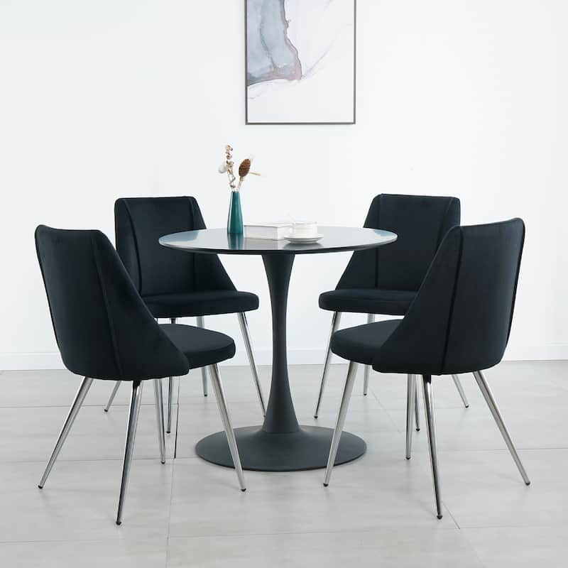 Set of 4 Modern simple velvet dining chair with chrome metal legs - Black