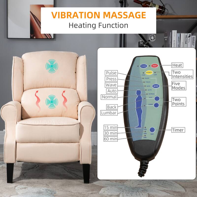 Linen Upholstered Recliner Sofa with Heat & Dual Massage Motors, Manual Reclining & Remote Control