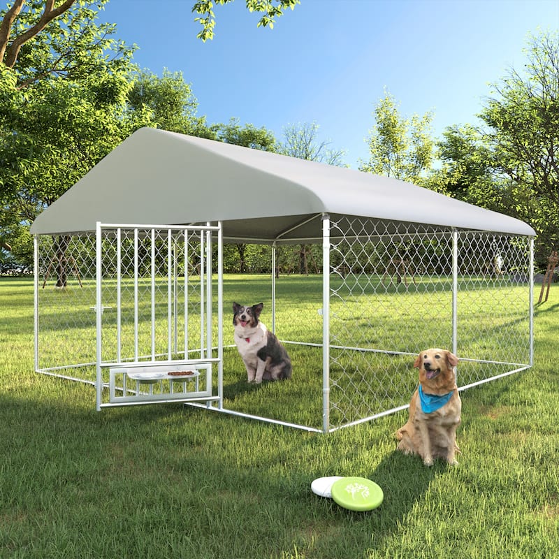 EROMMY Outdoor Dog Kennel, Heavy Duty Large Dog Kennels with Waterproof Cover and Rotating Feeding Door