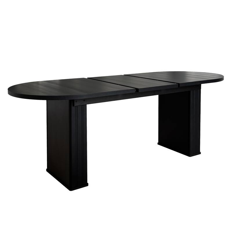 Kitchen extendable dining table for 4-8 people, oval kitchen table with wooden strip base for family living room (black)