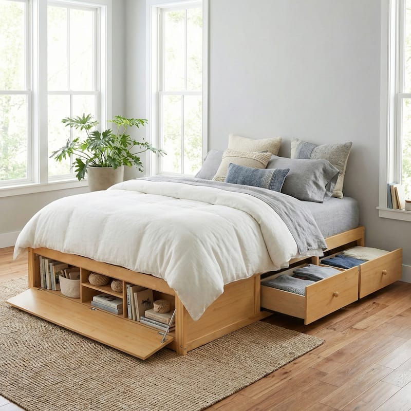 Queen Size Storage Platform Bed with 4 Drawers & Hydraulic Lift Footboard, Space-Saving Frame - Natural - Queen