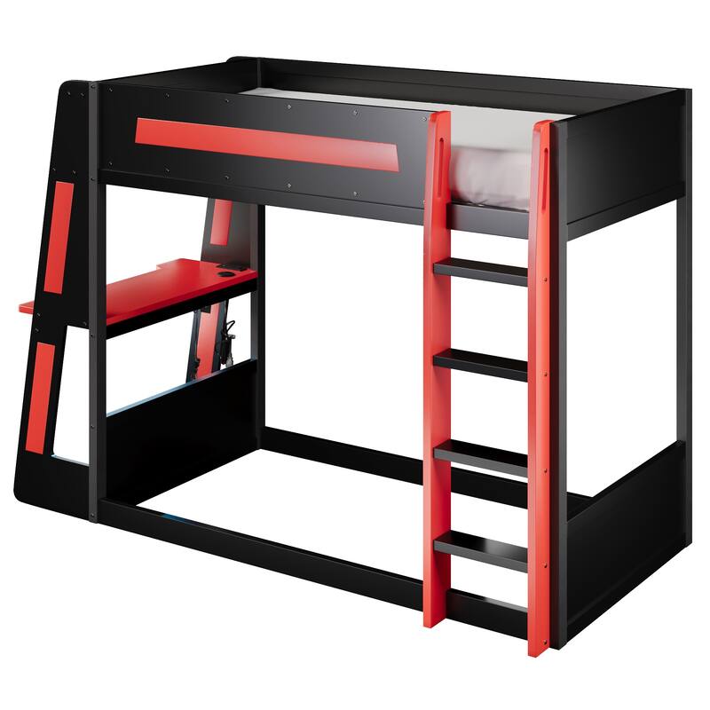 Gaming Bunk Bed with Computer Desk, Storage Shelves, USB Port and LED Strip Lighting, Esports Design, Wooden Gaming Bed
