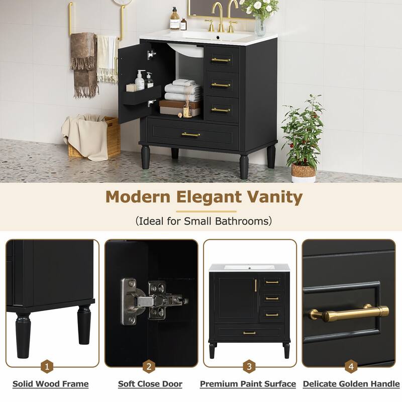 30" Bathroom Vanity with Ceramic Sink, Soft-Close Door, Built-in Shelf & Ample Storage