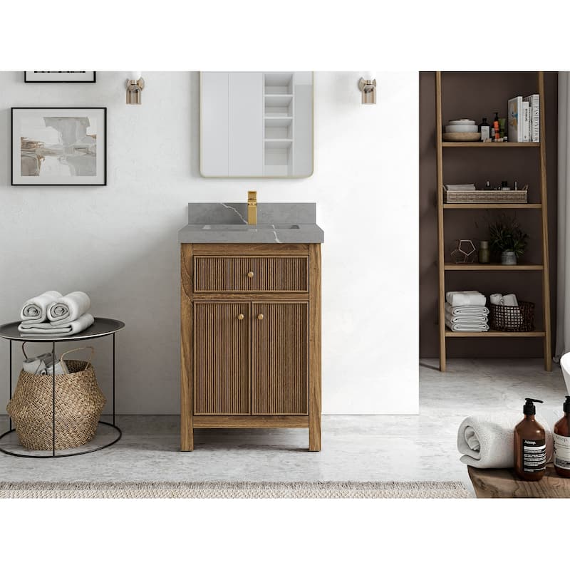 Willow Collections 24 x 22 Sonoma Teak Wood Single Bowl Sink Bathroom Vanity in Golden Teak with Countertop