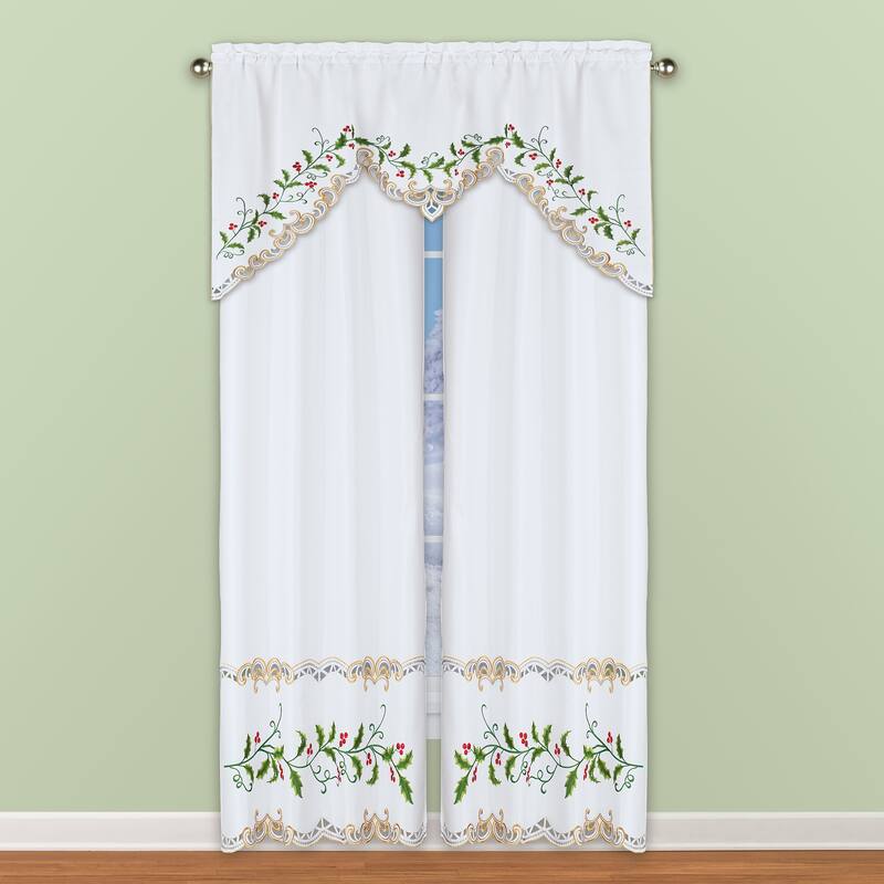 Holiday Embroidered Holly Berry Rod Pocket Top Drapes
