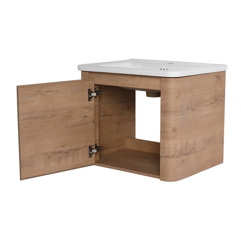 24'' Wall-Mounted Bathroom Vanity with White Ceramic Sink & 1-Soft-Close Door, KD-Packing, Plywood