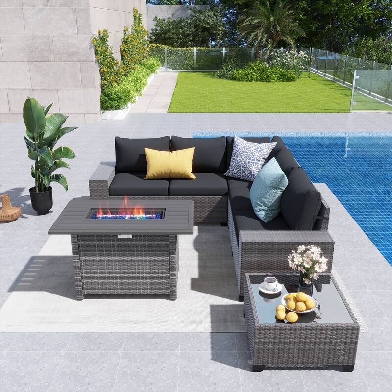 7-Piece 5 Person Patio Free Combination Wicker Conversation Set With Waterproof Cushions and Firepit Table