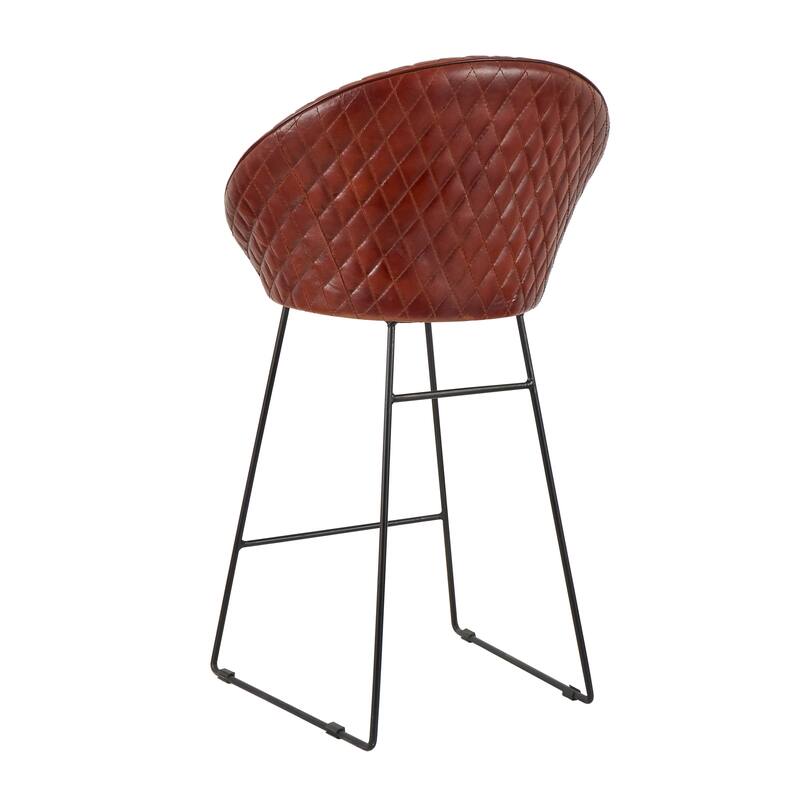 Brown Leather Round Diamond Tufted Bar Stool with High Back and Black Metal Legs (Set of 2)
