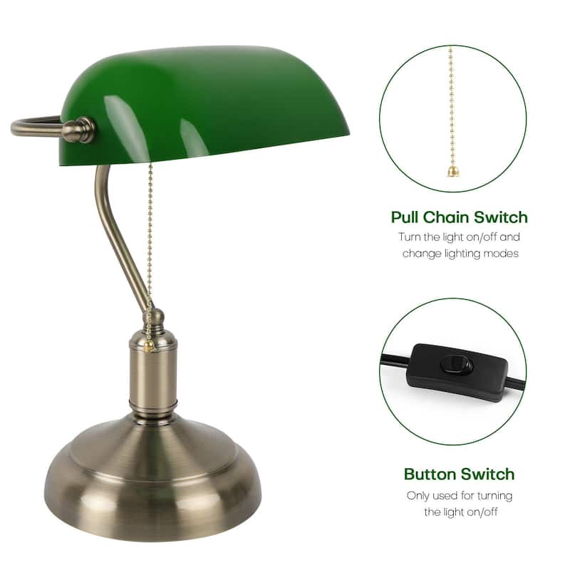 Antique Green Glass Bankers Desk Lamp Table Light w/ Pull Chain Switch - 9x7x15"