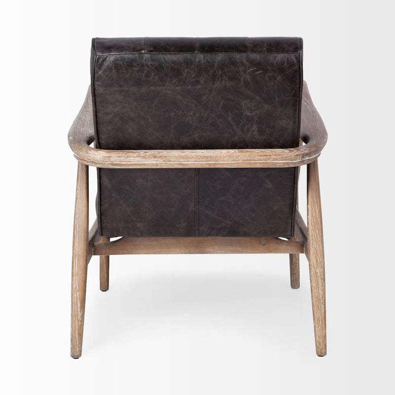 Phineas Black Genuine Leather & Brown Solid Wood Frame Accent Chair