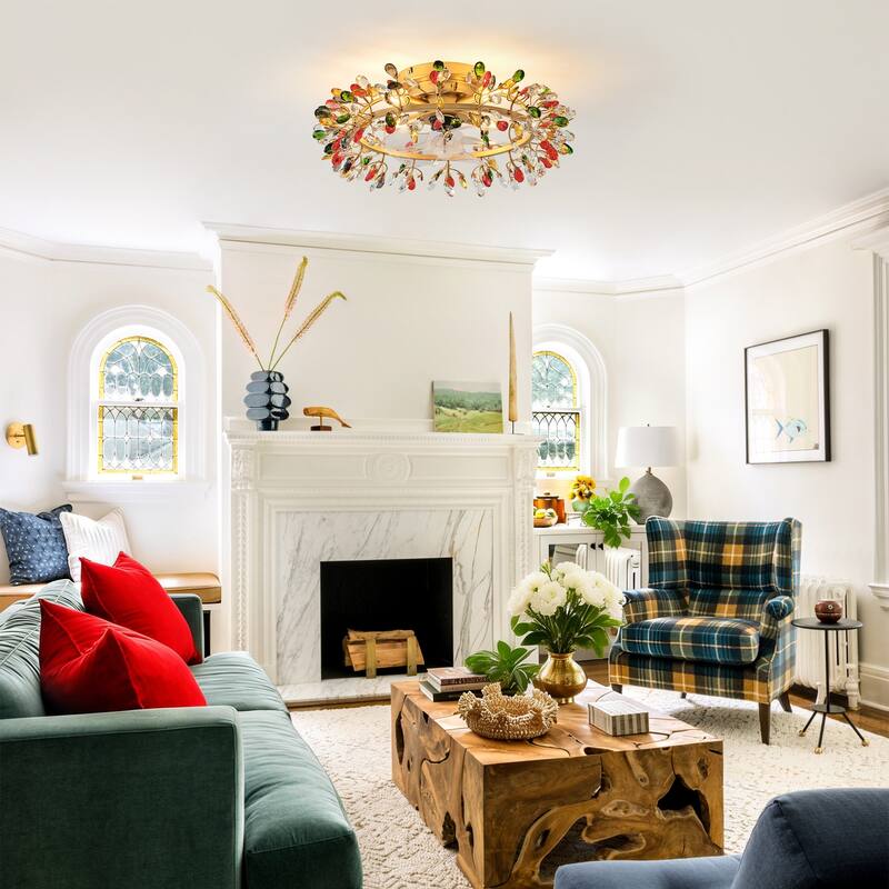 23" Modern Gold Flush Mount Crystal Ceiling Fan with Light and Remote