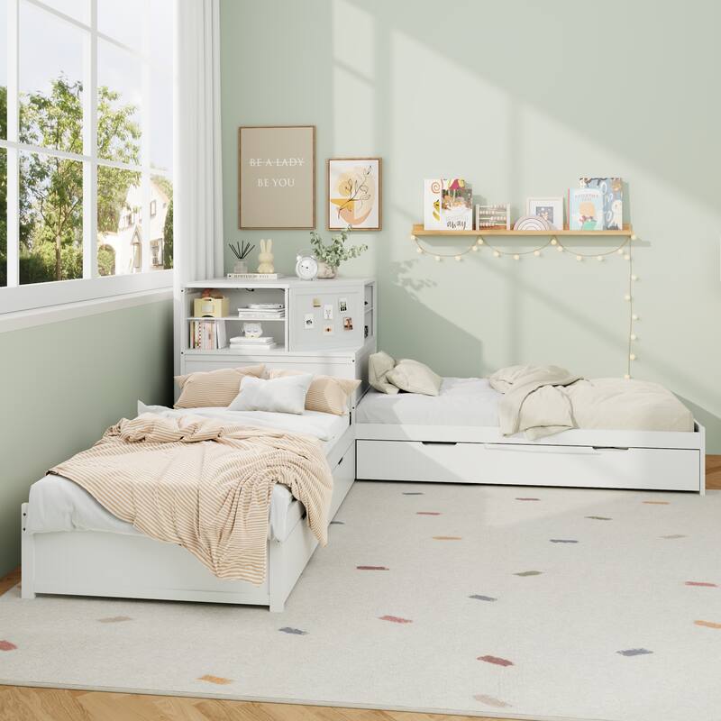 L-Shaped Combination Twin Bed Frame with Trundle and Drawer