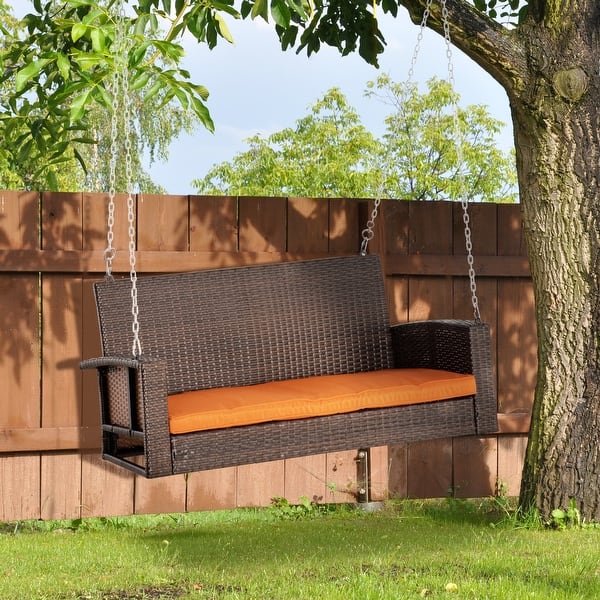 slide 1 of 43, Outsunny 2-Person Wicker Hanging Porch Swing Bench Outdoor Chair with Cushions