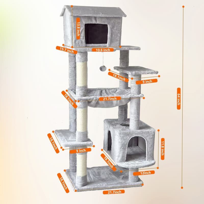 64 in Cat Tree with Unique Cat House, Hammock, Scratching Posts, Plush Cat Tower for Indoor Cats for Multiple Cats