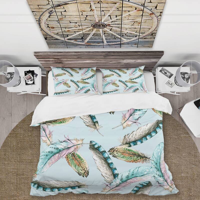 Designart 'Green Bird Feathers On Blue' Bohemian & Eclectic Duvet Cover Set