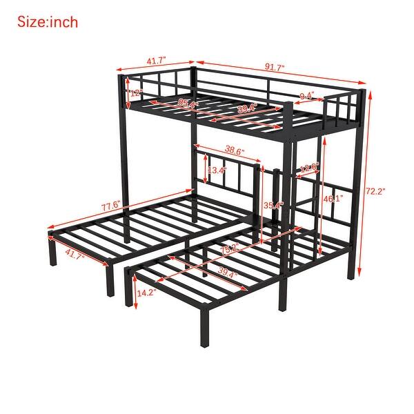 Black Twin XL over Twin Metal Triple Bunk Bed with Fence and Ladder