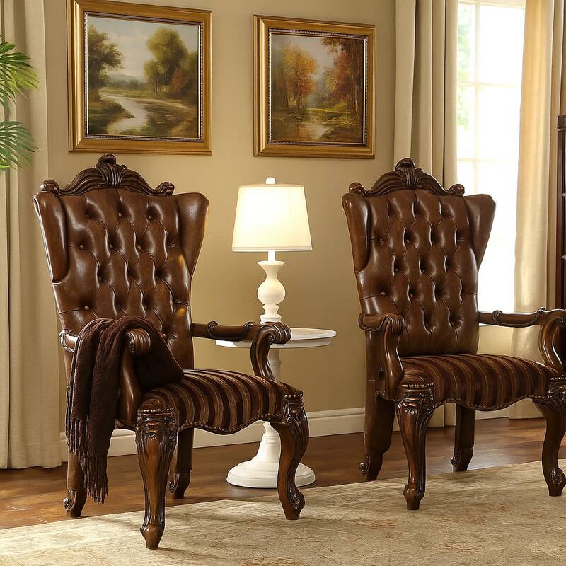 Wooden Arm Chair with Button Tufted Backrest and Carved Details, Set of 2, Brown - Brown