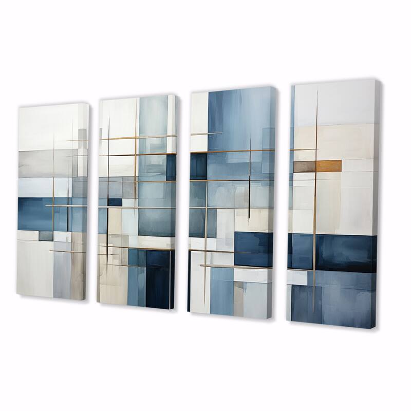 Designart "Blue Grey Line Art Abstract Geometrics I" Modern Multipanel Canvas Art Print set