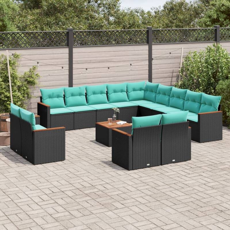 vidaXL 13/14 Piece Patio Sofa Set with Cushions Black/Gray Poly Rattan - 24.4 x 24.4 x 27.2 - Black With table