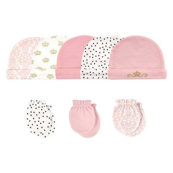 slide 1 of 1, Hudson Baby Infant Girl Cotton Cap and Scratch Mitten 8pc Set, Crown, 0-6 Months - Crown Crown - 0-6 Months