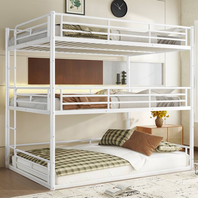Queen over Queen over Queen Bunk Bed, Metal Triple Bunk Bed with Safety Guardrails, Bunk Bed with Noise-reduced Design - Light White