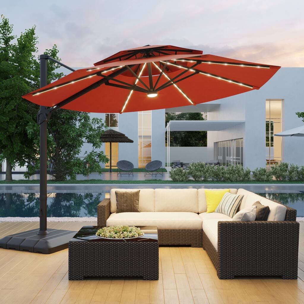 BONOSUKI 11Ft LED Double Top Aluminum LED Cantilever Patio Umbrella with Base for Patio Deck Garden, Red