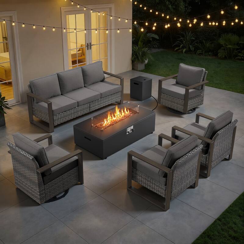 Meyreso Wicker Outdoor Patio Fire Pit Set with Swivel Gliders and 4.5-Inch Olefin Cushions - Gray / Gray Cushions - 6-Piece
