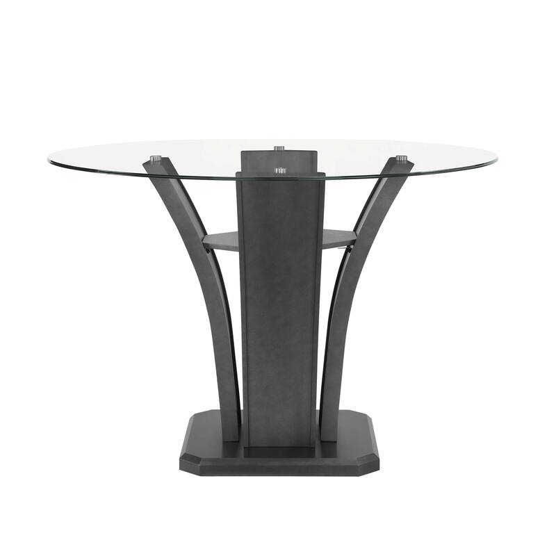 Brandon Counter Height Table, 54 Inch Glass Top, Glam Dark Gray Pedestal