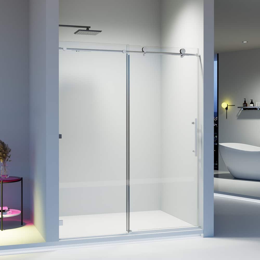 56-60" W x 74" H Frameless Single Sliding Shower Door, 8mm Tempered Glass, Soft-Close Panel, Reversible Install - 60x74"