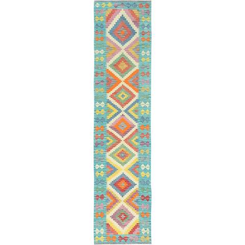 Shahbanu Rugs Colorful Soft Wool Hand Woven Afghan Kilim Geometric Design Natural Dyes Reversible Runner Rug (2'7" x 12'9")