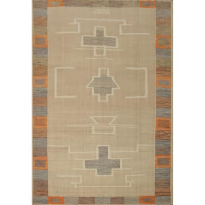 Hand Woven Oriental 100% Wool Carpet Southwestern Tribal Beige & Ivories Kilim Area Rug - 9' 7'' X 7' 9''