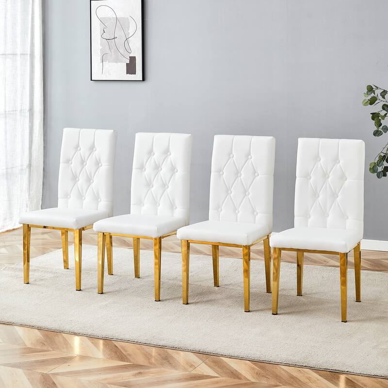 Elegant Armless Dining Chairs – Grid & Buckle Back Design, Blending Vintage Charm with Modern Sophistication‌ - White+Gold - Set of 4